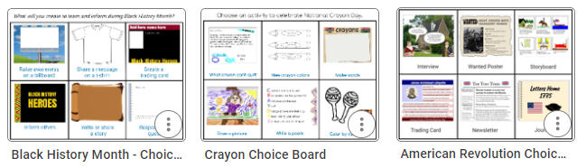 sample Wixie choice boards for the American Revolution, Black History Month and National Crayon day